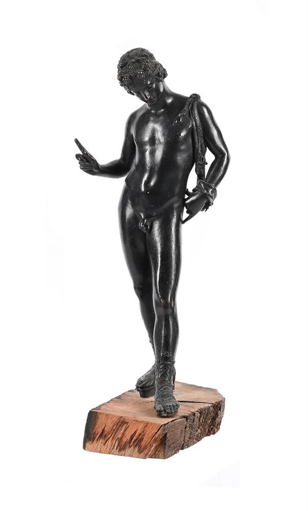 AFTER THE ANTIQUE, A BRONZE FIGURE OF NARCISSUS, POSSIBLY NAPLES, LATE 19TH CENTURY: AFTER THE ANTIQUE, A BRONZE FIGURE OF NARCISSUS POSSIBLY NAPLES, LATE 19TH CENTURY Now set on a later wooden block 40cm high overall
