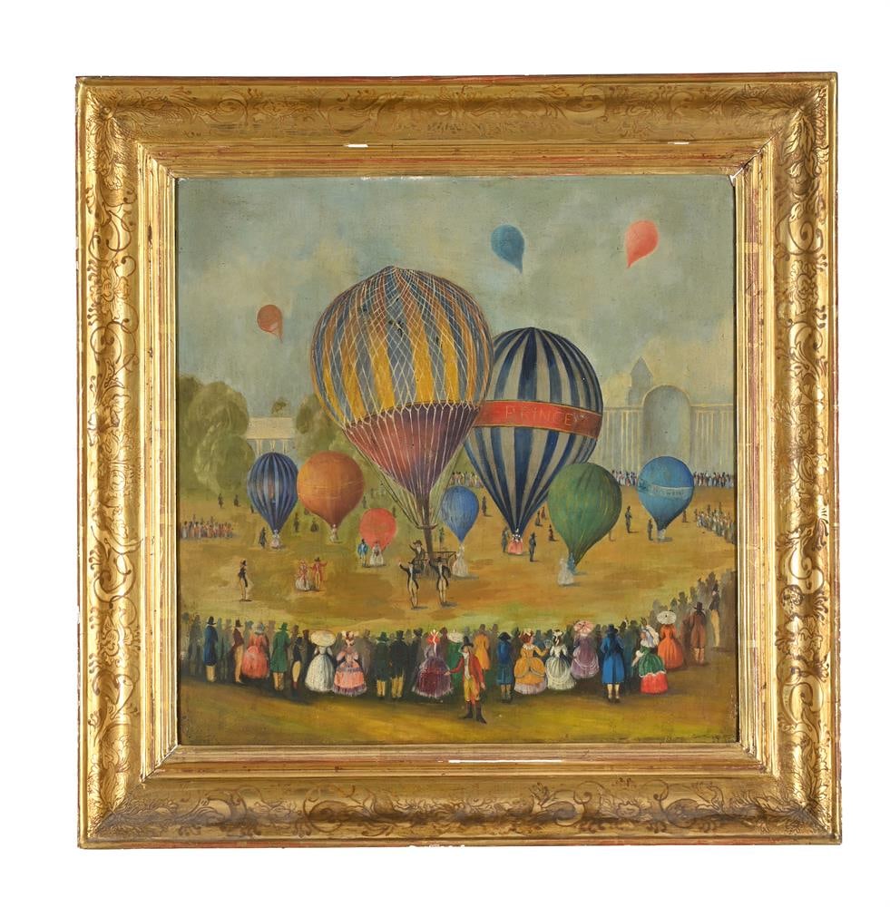 FRENCH SCHOOL (EARLY 20TH CENTURY), HOT AIR BALLOON SHOW: FRENCH SCHOOL (EARLY 20TH CENTURY) HOT AIR BALLOON SHOW Oil on panel 44.5 x 44cm (17½ x 17¼in.) Condition Report: Condition Report Disclaimer