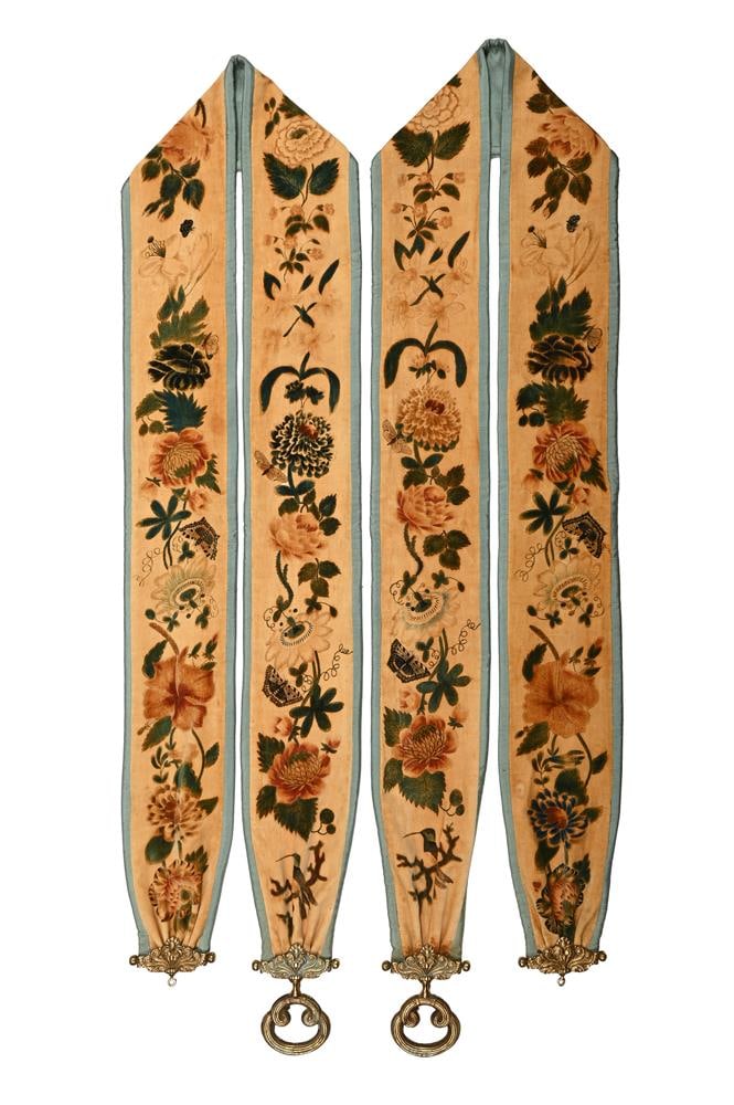 A PAIR OF VICTORIAN SILK AND VELVET HAND PAINTED BELL PULLS, LAST QUARTER 19TH CENTURY: A PAIR OF VICTORIAN SILK AND VELVET HAND PAINTED BELL PULLS LAST QUARTER 19TH CENTURY 219cm long, 14.5cm wide Condition Report: PLEASE NOTE: ALL LOTS ARE LOCATED AT SACKVILLE WEST STORAGE IN ANDOVER
