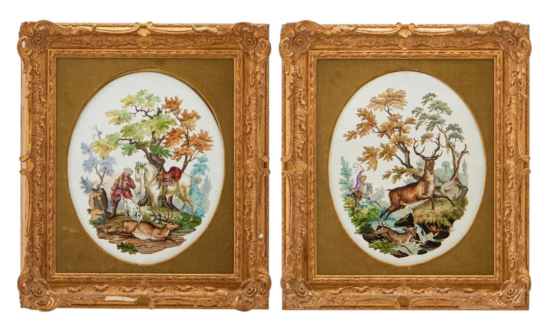 A PAIR OF GERMAN PORCELAIN OVAL PLAQUES PAINTED WITH HUNTING SCENES, LATE 19TH CENTURY: A PAIR OF GERMAN PORCELAIN OVAL PLAQUES PAINTED WITH HUNTING SCENES PROBABLY DRESDEN, IN 18TH CENTURY STYLE, LATE 19TH CENTURY In giltwood and plaster frames the plaques approx. 36cm x 30cm 51cm x