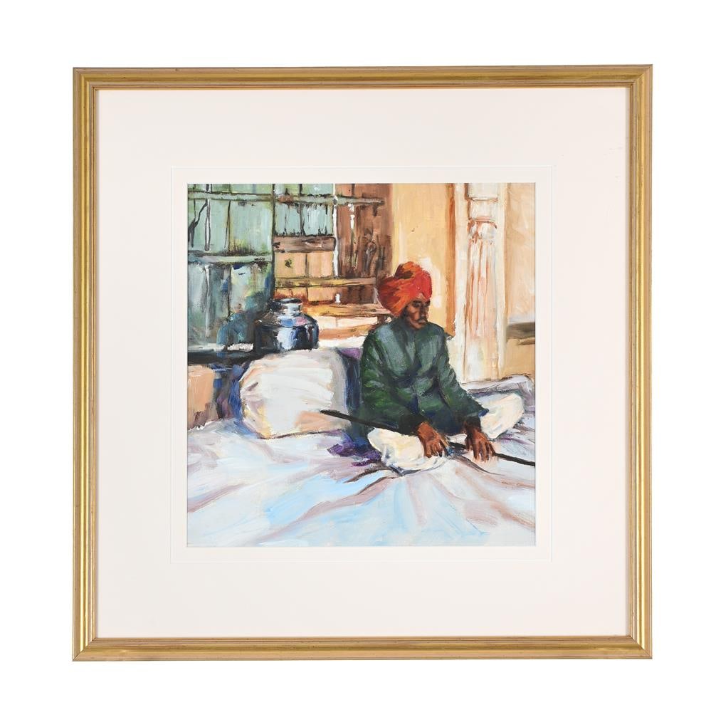 λ JULIET BONHAM CARTER (BRITISH 20TH CENTURY), IN THE DURBAR HALL, MANHANSAR, RAJASTHAN: λ JULIET BONHAM CARTER (BRITISH 20TH CENTURY) IN THE DURBAR HALL, MANHANSAR RAJASTHAN Oil on canvas-board 28.5 x 27cm (11 x 10½in.) Condition Report: Condition Report Disclaimer