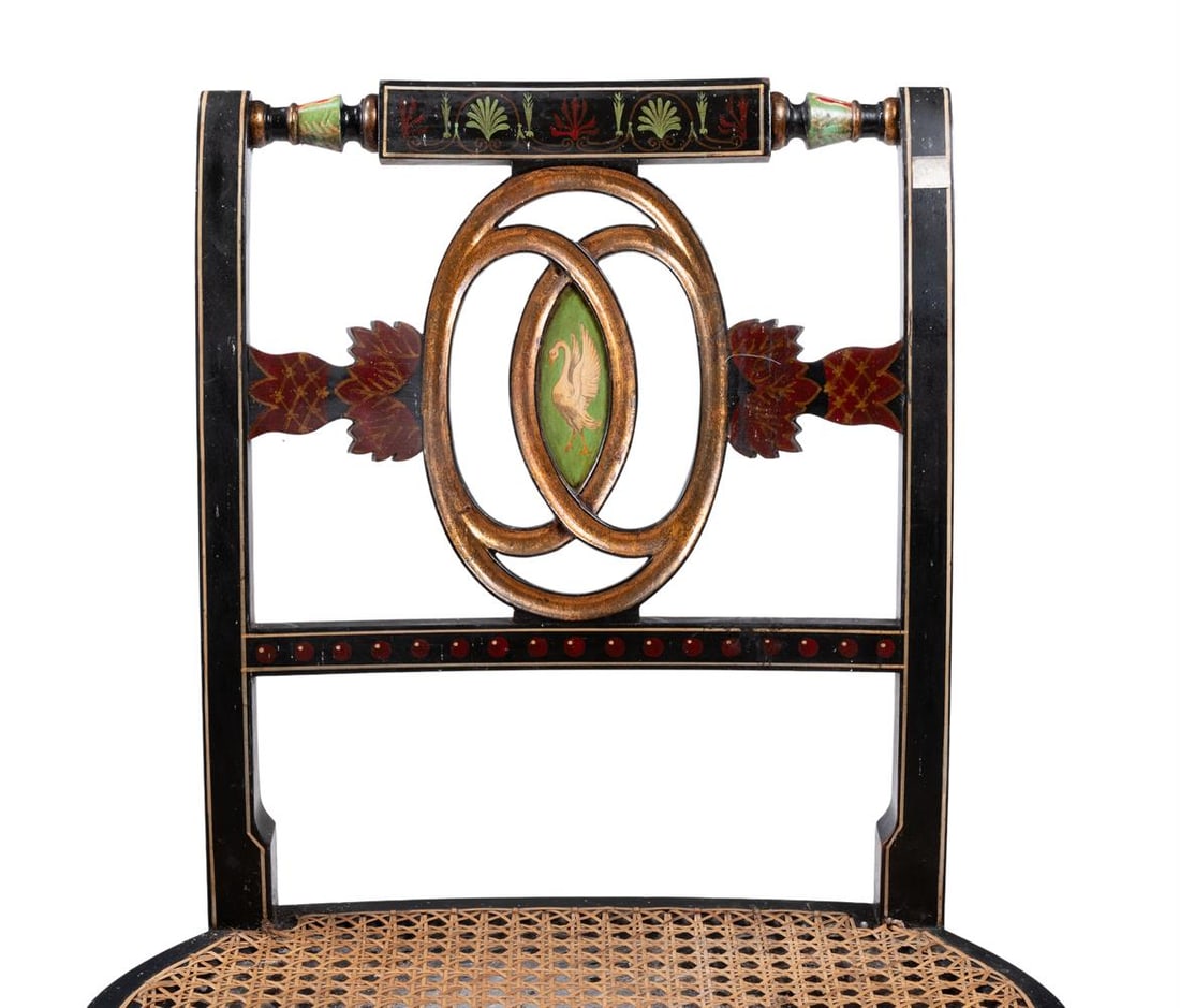 A SET OF FOUR EBONISED AND POLYCHROME PAINTED ARMCHAIRS, LATE 19TH OR EARLY 20TH CENTURY - 2
