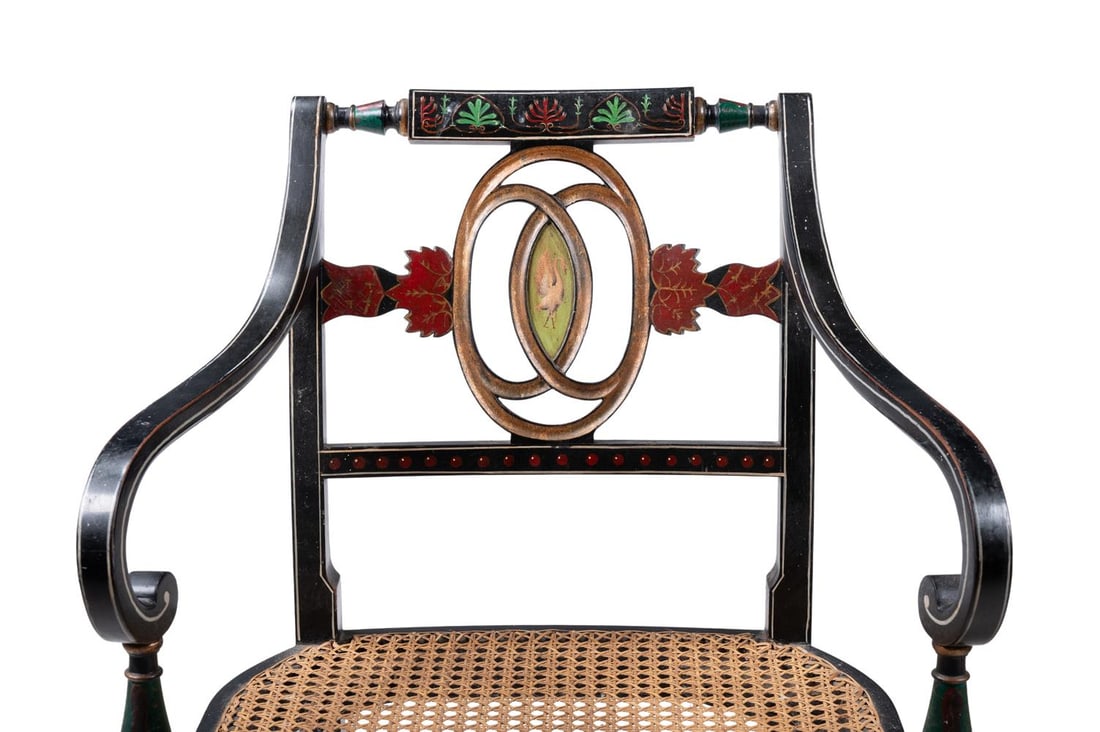 A SET OF FOUR EBONISED AND POLYCHROME PAINTED ARMCHAIRS, LATE 19TH OR EARLY 20TH CENTURY - 3