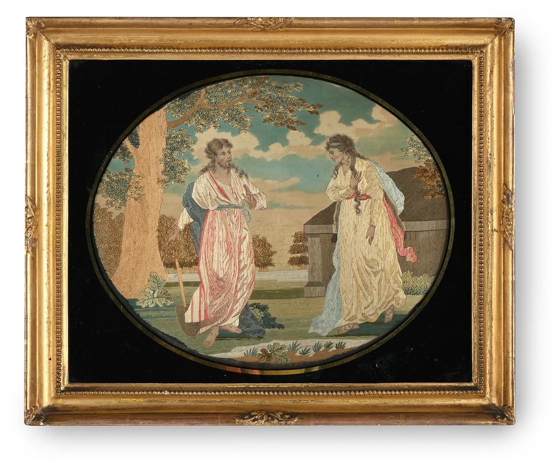 A LATE GEORGE III SILKWORK EMBROIDERY PICTURE, CIRCA 1800-1820: A LATE GEORGE III SILKWORK EMBROIDERY PICTURE CIRCA 1800-1820 Worked in silk in a variety of stitches on silk ground, depicting Mary mistaking Christ as the gardener in the garden of Gethsemane, on