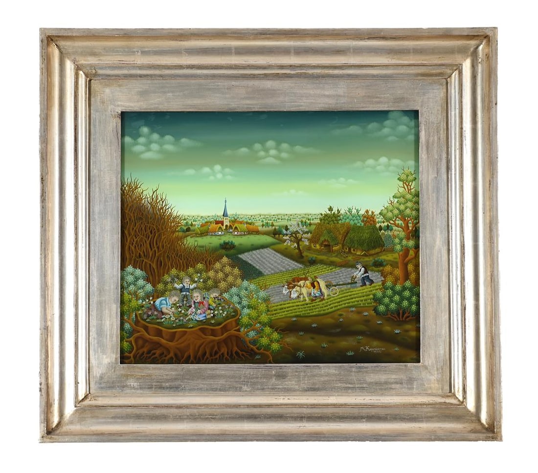 λ MARTIN KOPRICANEC (1943), GATHERING THE FLOWERS: λ MARTIN KOPRICANEC (1943) GATHERING THE FLOWERS Reverse glass painting Signed and dated 1975 (lower right) 40 x 47.5cm (15½ x 18½in.) Condition Report: Condition Report