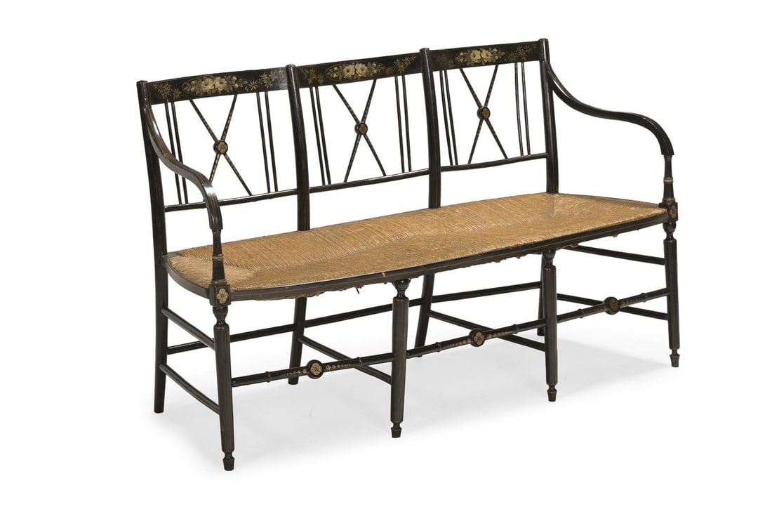 A REGENCY STYLE EBONISED AND PARCEL GILT TRIPLE CHAIR BACK SETTEE, FIRST QUARTER 19TH CENTURY - 2