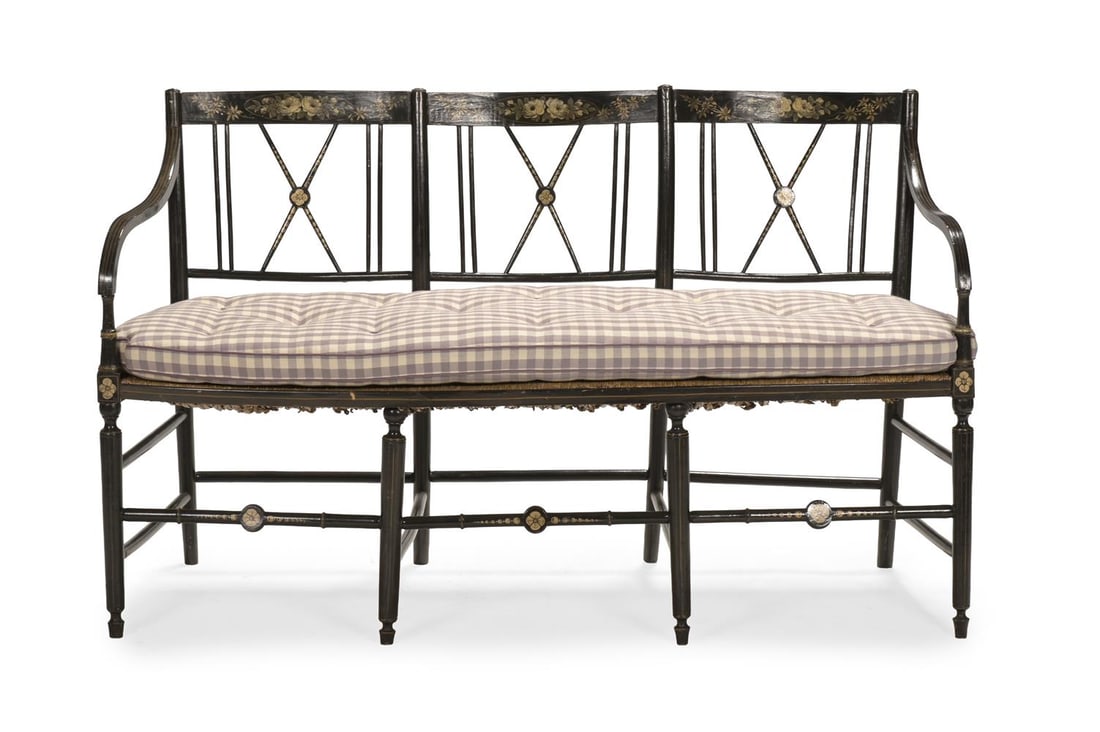 A REGENCY STYLE EBONISED AND PARCEL GILT TRIPLE CHAIR BACK SETTEE, FIRST QUARTER 19TH CENTURY - 3