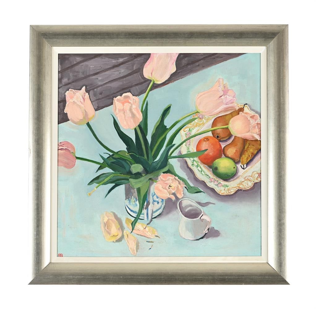λ ELIZABETH BROWNING (BRITISH 1924-2012), TULIPS AND JUG: λ ELIZABETH BROWNING (BRITISH 1924-2012) TULIPS AND JUG Oil on board Signed with artist's initials (lower left) 47 x 46.5cm (18½ x 18¼in.) Exhibited: London, Chelsea Art