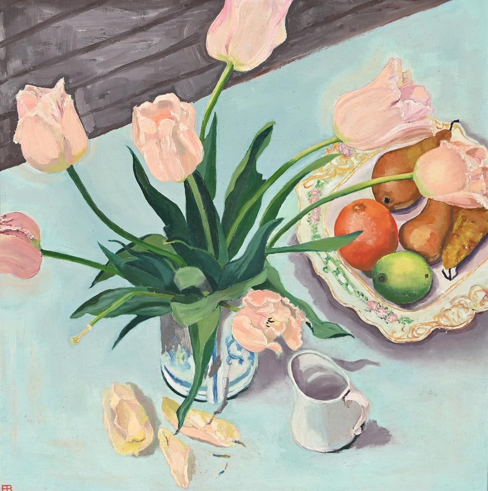 λ ELIZABETH BROWNING (BRITISH 1924-2012), TULIPS AND JUG - 2