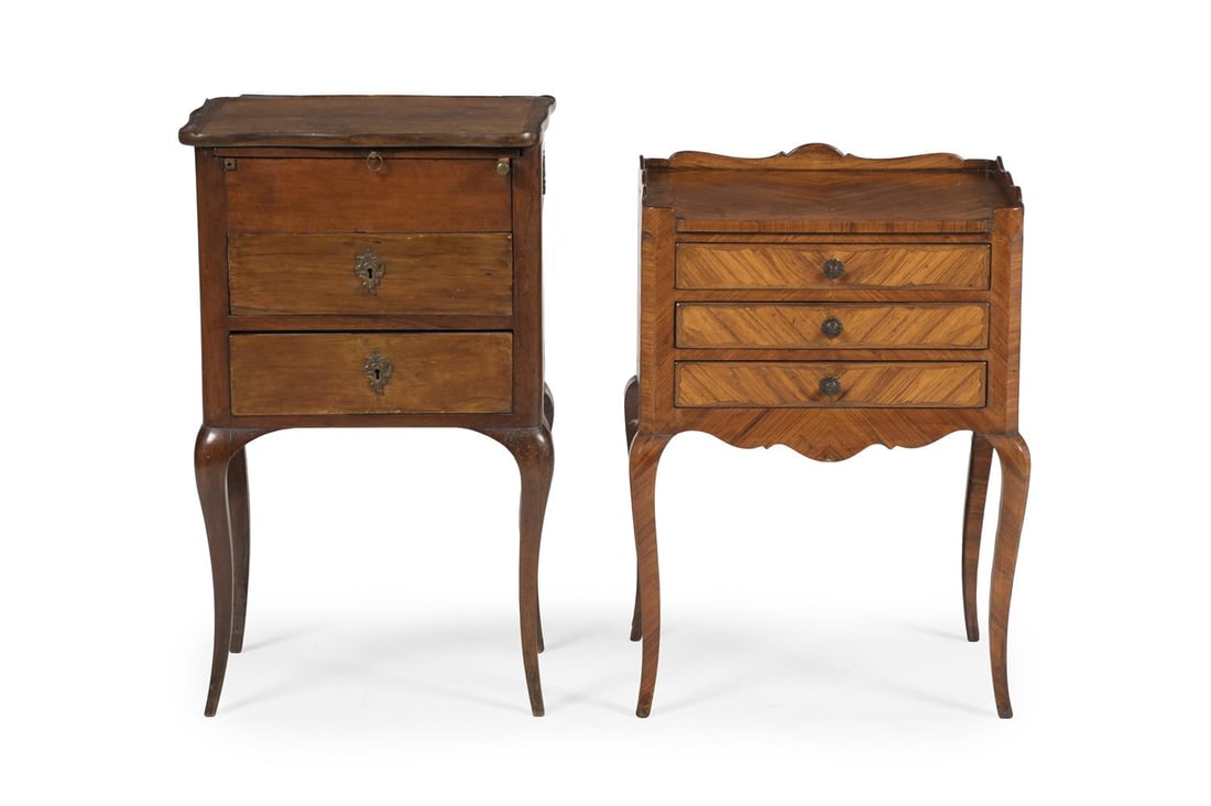 Y A KINGWOOD AND TULIPWOOD THREE DRAWER BEDSIDE OR PETIT COMMODE, ALONG WITH ANOTHER WALNUT EXAMPLE (1 of 4)