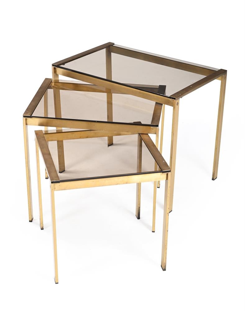 A NEST OF THREE SMOKED GLASS AND GILT BRASS TABLES, 20TH CENTURY - 2