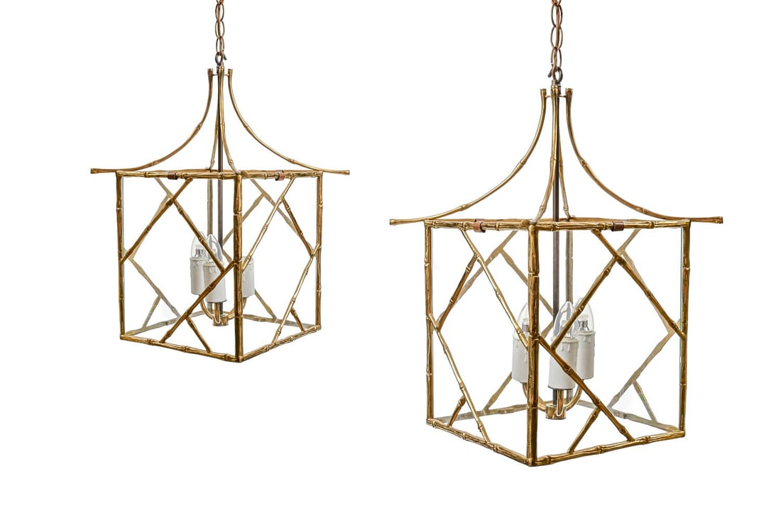 A PAIR OF BRASS SIMULATED BAMBOO GLAZED HALL LANTERNS, 20TH CENTURY: A PAIR OF BRASS SIMULATED BAMBOO GLAZED GOTHIC HALL LANTERNS 20TH CENTURY each 56cm high (the actual lantern), 29cm wide, 29cm deep Condition Report: PLEASE NOTE: ALL LOTS ARE LOCATED AT SACKVILLE