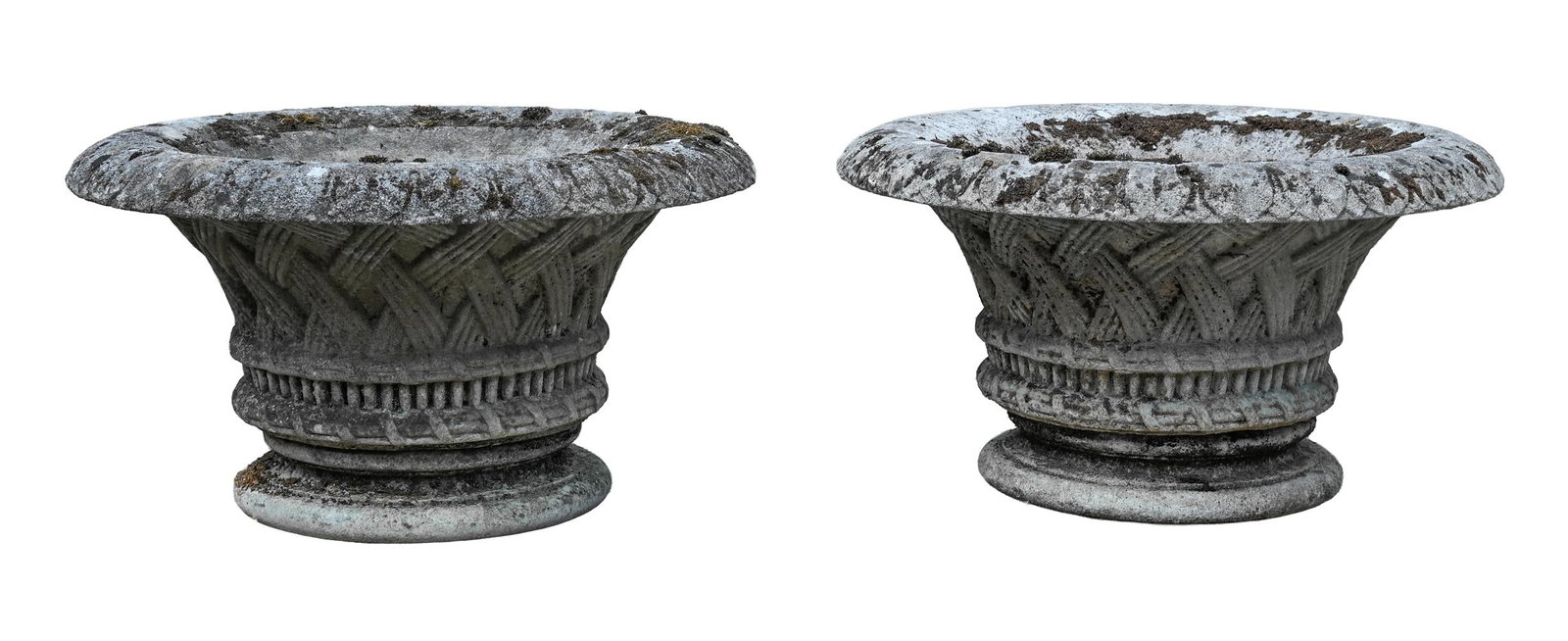 A PAIR OF CAST STONE CIRCULAR GARDEN URNS, 20TH CENTURY: A PAIR OF CAST STONE CIRCULAR GARDEN URNS 20TH CENTURY On low disk bases 45cm high, 79cm diameter Condition Report: PLEASE NOTE: ALL LOTS ARE LOCATED AT SACKVILLE WEST STORAGE IN ANDOVER (SP10 3SA)