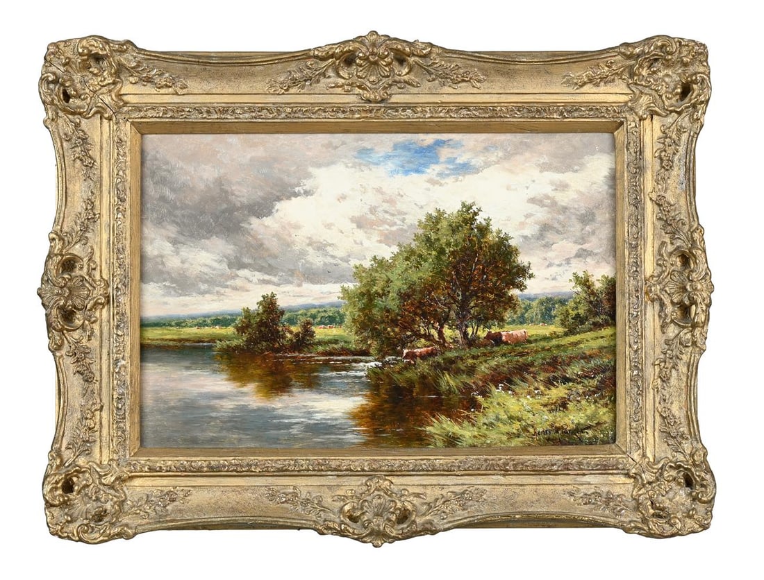 HENRY H. PARKER (BRITISH 1858-1930), THE RIVER WEY, RIPLEY: HENRY H. PARKER (BRITISH 1858-1930) THE RIVER WEY, RIPLEY Oil on canvas Signed (lower right); further signed and titled (verso) 31 x 46.5cm (12 x 18¼in.) Provenance: Frederick Thom Gallery,