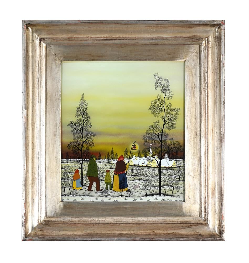 λ MILKO KOVAC (20TH CENTURY), FAMILY WALKING TO VILLAGE AT TWILIGHT: λ MILKO KOVAC (20TH CENTURY) FAMILY WALKING TO VILLAGE AT TWILIGHT Reverse glass painting Signed and dated 1974 (lower right) 45.5 x 405cm (17¾ x 159¼in.) Condition Report: