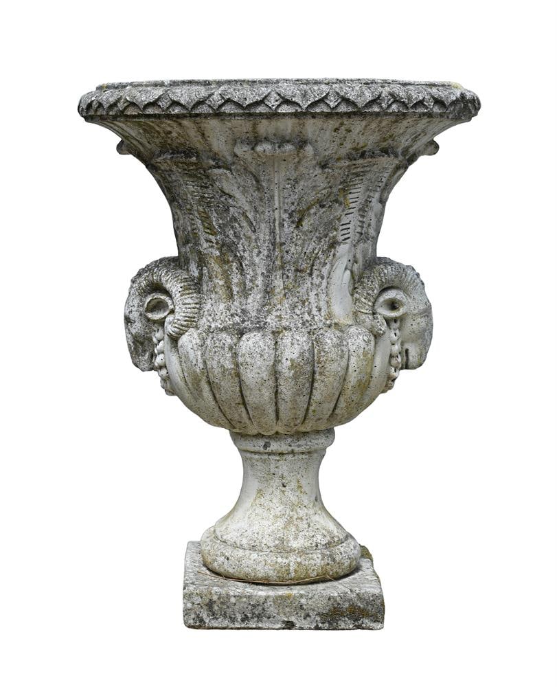 A LARGE CAST STONE COMPOSITION GARDEN URN WITH RAM'S HEAD HANDLES, 20TH CENTURY - 2