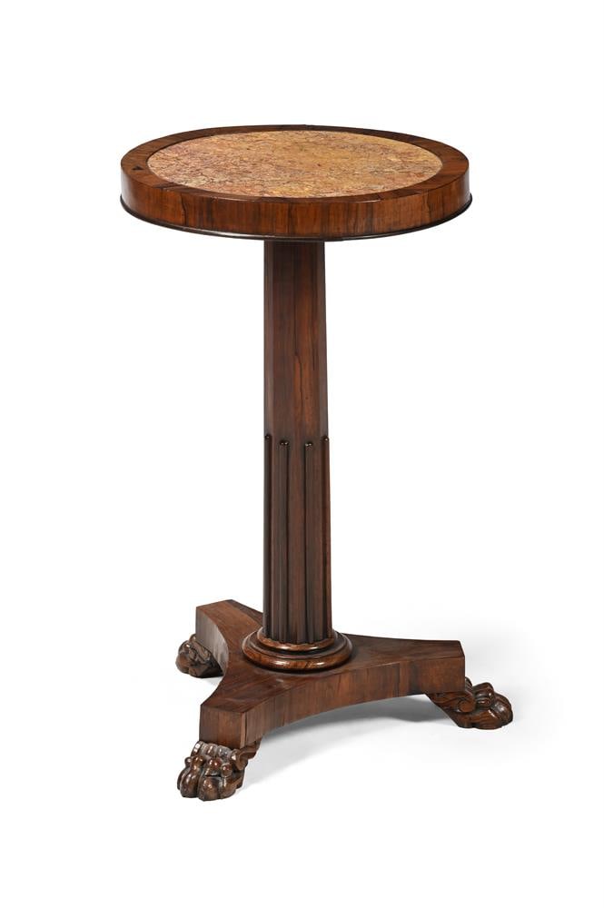 Y A WILLIAM IV ROSEWOOD AND MARBLE INSET OCCASIONAL TABLE OR KETTLE STAND, CIRCA 1835: Y A WILLIAM IV ROSEWOOD AND MARBLE INSET OCCASIONAL TABLE OR KETTLE STAND CIRCA 1835 On platform base with carved paw feet 72cm high, 42cm diameter Provenance: Purchased from Edward Hurst