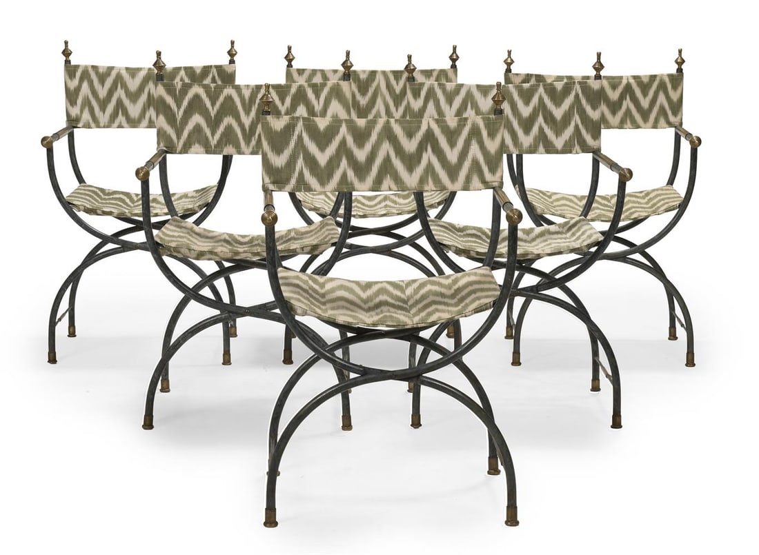 † A SET OF SIX WROUGHT IRON CURULE FORM 'X' FRAME ARMCHAIRS, MODERN (1 of 3)