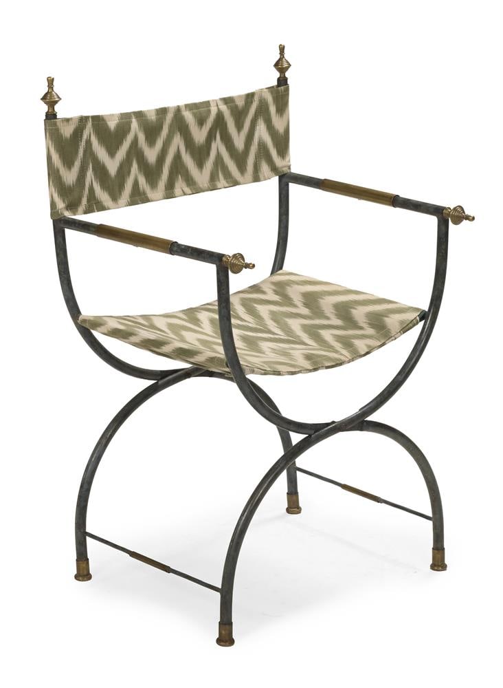 † A SET OF SIX WROUGHT IRON CURULE FORM 'X' FRAME ARMCHAIRS, MODERN - 2