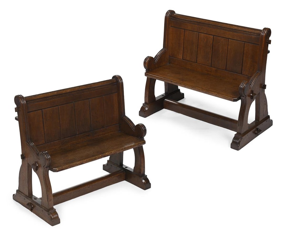 A PAIR OF VICTORIAN OAK GOTHIC REVIVAL PEWS OR HALL BENCHES, CIRCA 1860: A PAIR OF VICTORIAN OAK GOTHIC REVIVAL PEWS OR HALL BENCHES CIRCA 1860 Of small and compact proportions 69.5cm high, 80.5cm wide, 42.5cm deep Condition Report: Marks, knocks, scratches and abrasions