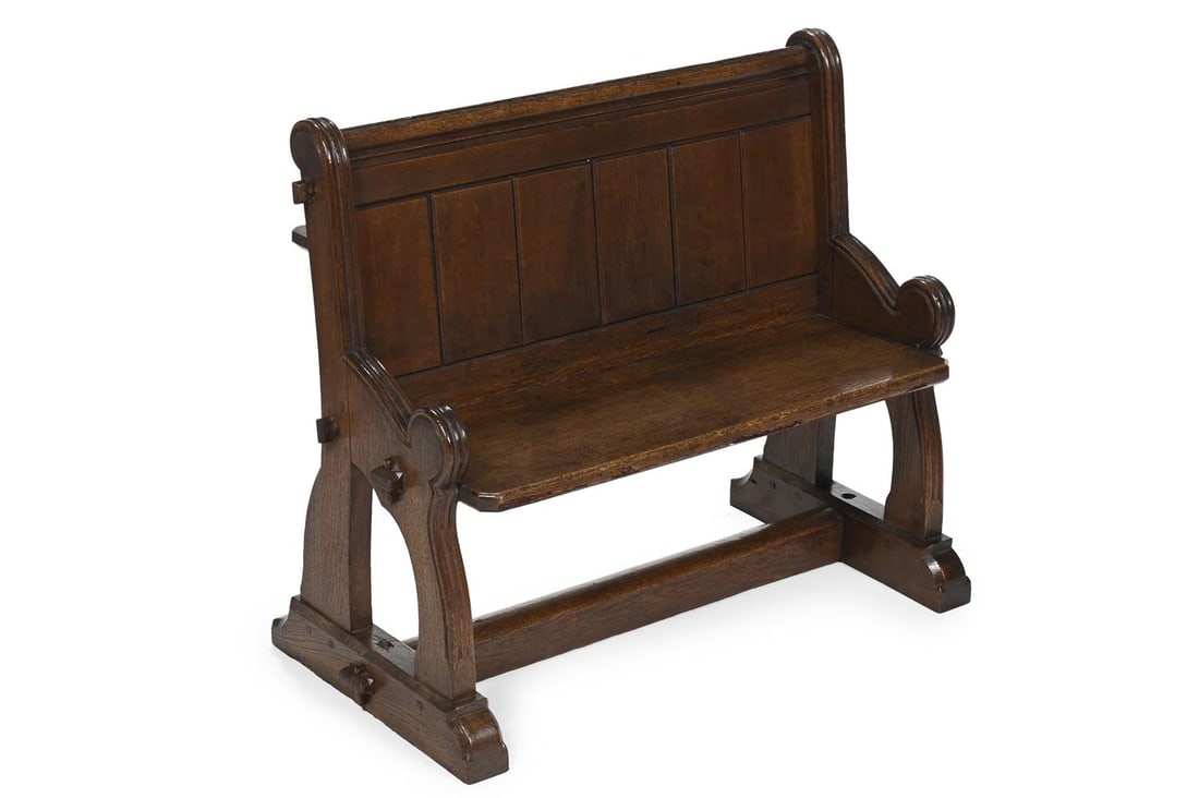 A PAIR OF VICTORIAN OAK GOTHIC REVIVAL PEWS OR HALL BENCHES, CIRCA 1860 - 2
