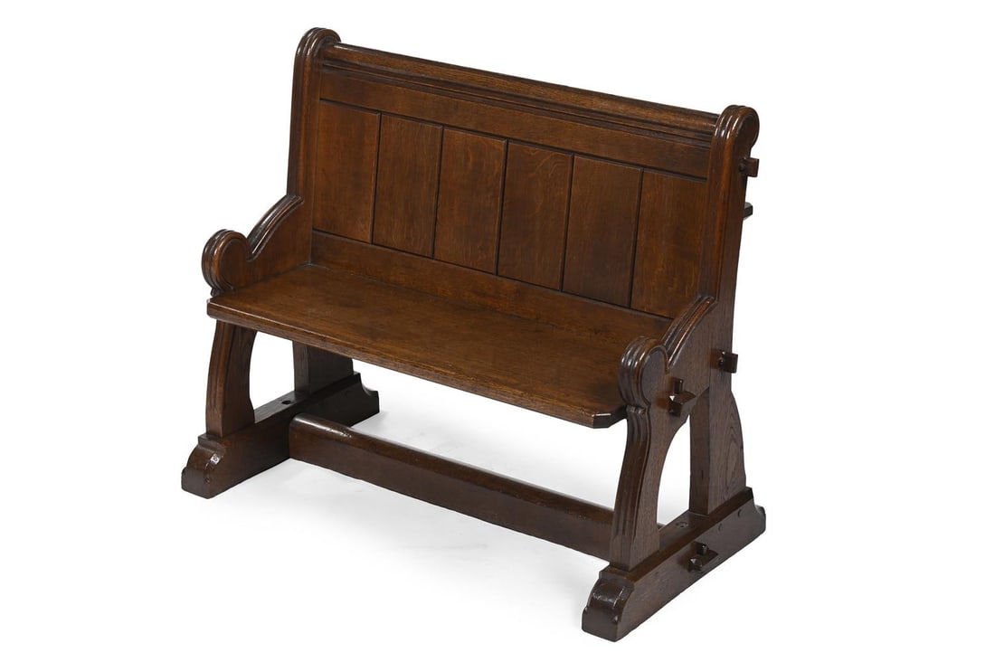 A PAIR OF VICTORIAN OAK GOTHIC REVIVAL PEWS OR HALL BENCHES, CIRCA 1860 - 3