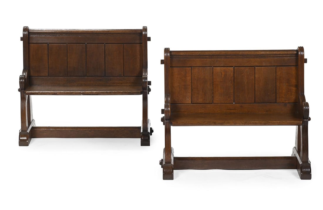 A PAIR OF VICTORIAN OAK GOTHIC REVIVAL PEWS OR HALL BENCHES, CIRCA 1860 - 4
