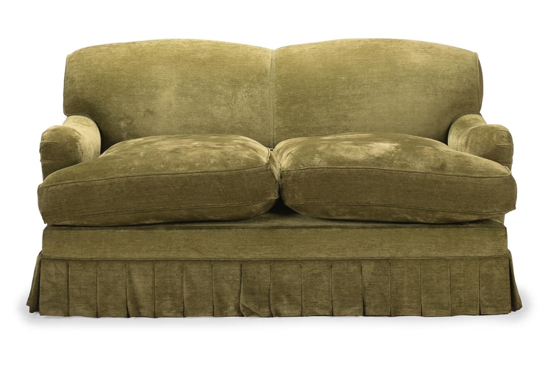 A GEORGE SMITH GREEN TWO SEAT SOFA BED, CIRCA 2021 - 2
