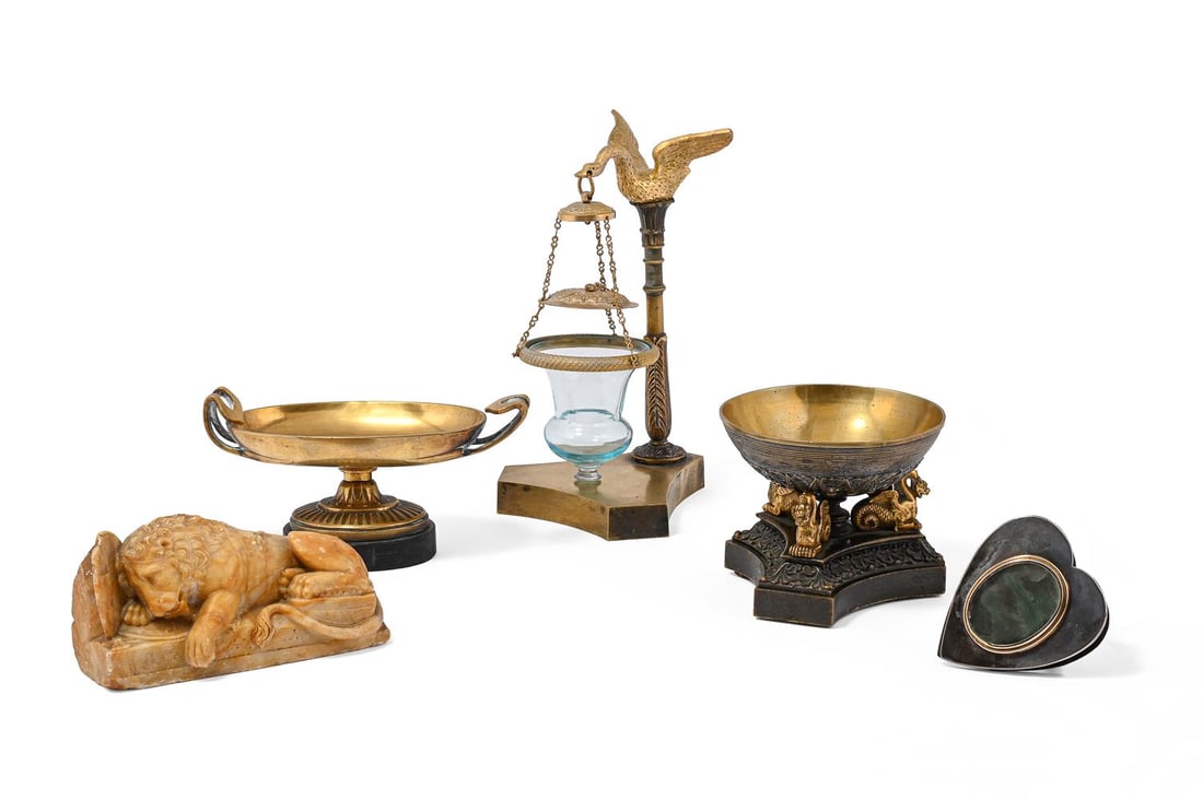 A SECOND EMPIRE ORMOLU AND PATINATED BRONZE PASTILE BURNER OR NIGHT LIGHT, AND FOUR FURTHER ITEMS: A SECOND EMPIRE ORMOLU AND PATINATED BRONZE PASTILE BURNER OR NIGHT LIGHT FRENCH, PRIOBABLY PALAIS ROYALE, CIRCA 1860 Modelled as a swan holding a glass vessel on a tripartite base 22cm high, 13cm