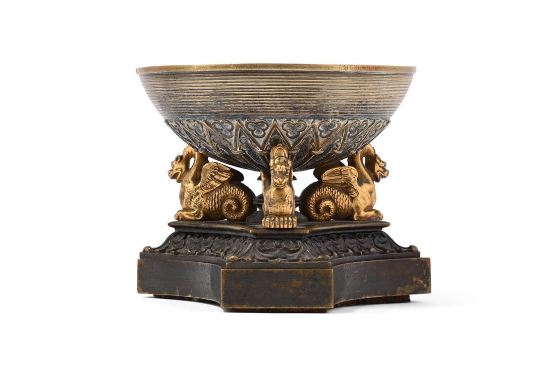 A SECOND EMPIRE ORMOLU AND PATINATED BRONZE PASTILE BURNER OR NIGHT LIGHT, AND FOUR FURTHER ITEMS - 3