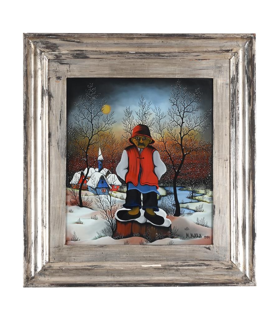 λ MARTIN MEHKEK (CROATIAN 1936-2014), FIGURE ON A SNOWY TREE STUM: λ MARTIN MEHKEK (CROATIAN 1936-2014) FIGURE ON A SNOWY TREE STUMP Reverse glass painting Signed and dated 1974 (lower right) 50 x 45cm (19½ x 17½in.) Condition Report: Condition