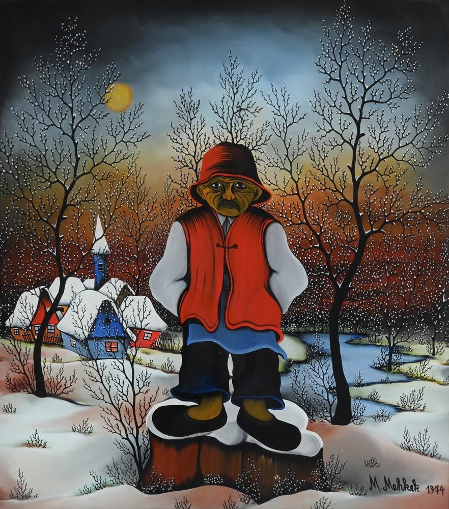 λ MARTIN MEHKEK (CROATIAN 1936-2014), FIGURE ON A SNOWY TREE STUM - 2