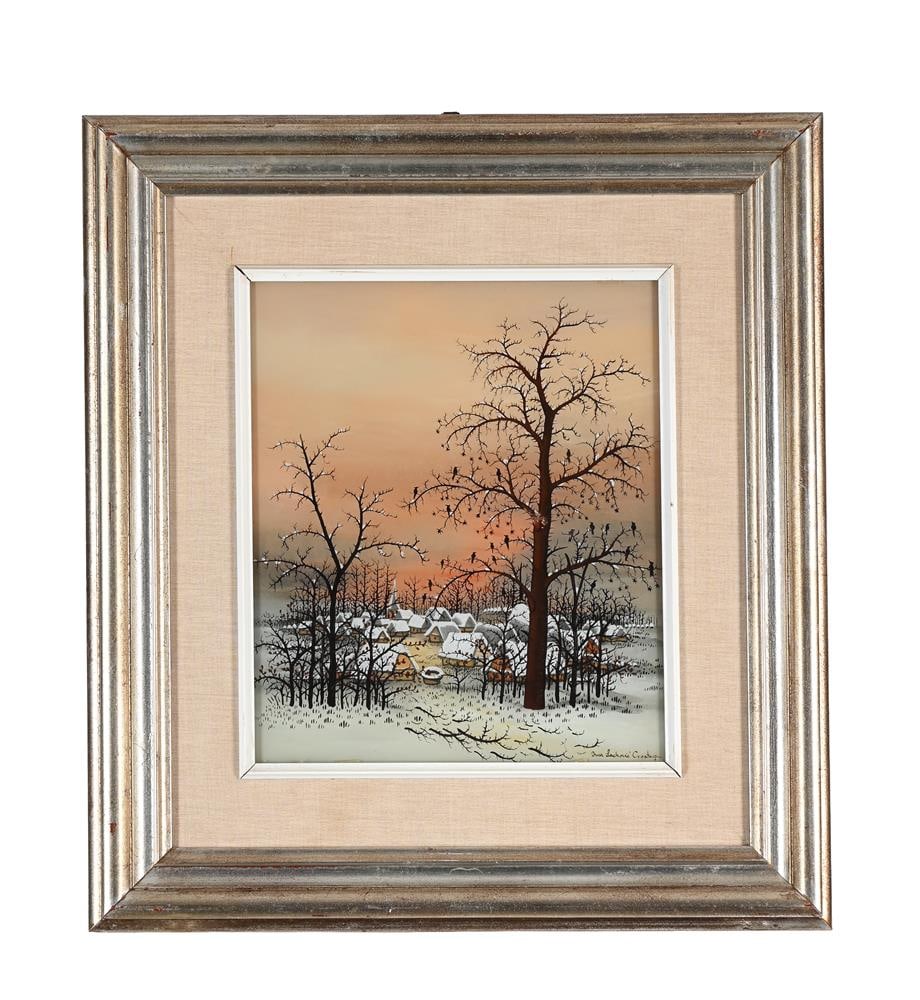 λ IVAN LACKOVIC CROATA (CROATIAN 1932-2004), VILLAGE THROUGH THE TREES: λ IVAN LACKOVIC CROATA (CROATIAN 1932-2004) VILLAGE THROUGH THE TREES Reverse glass painting Signed and numbered 7 (lower right) 35.3 x 30cm (13¾ x 11¾in.) Condition Report: