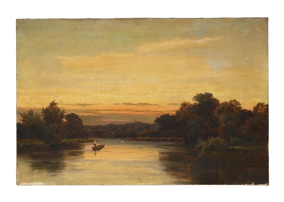ALFRED DE BREANSKI (BRITISH 1852-1928), SUNSET, LALEHAM ON THAMES: ALFRED DE BREANSKI (BRITISH 1852-1928) SUNSET, LALEHAM ON THAMES Oil on canvas Signed (lower right); further signed and titled (to the reverse) 60.5 x 91cm (23¾ x 35¾in.) Unframed Condition