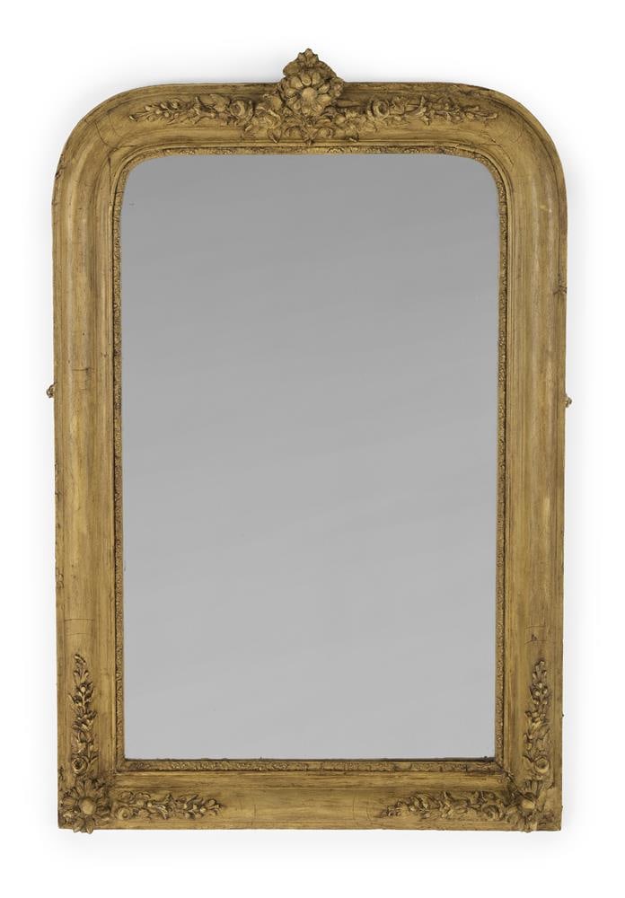 A MOULDED GESSO AND PARCEL GILT WALL MIRROR, FRENCH OR ITALIAN, PROBABLY LATE 19TH CENTURY (1 of 2)
