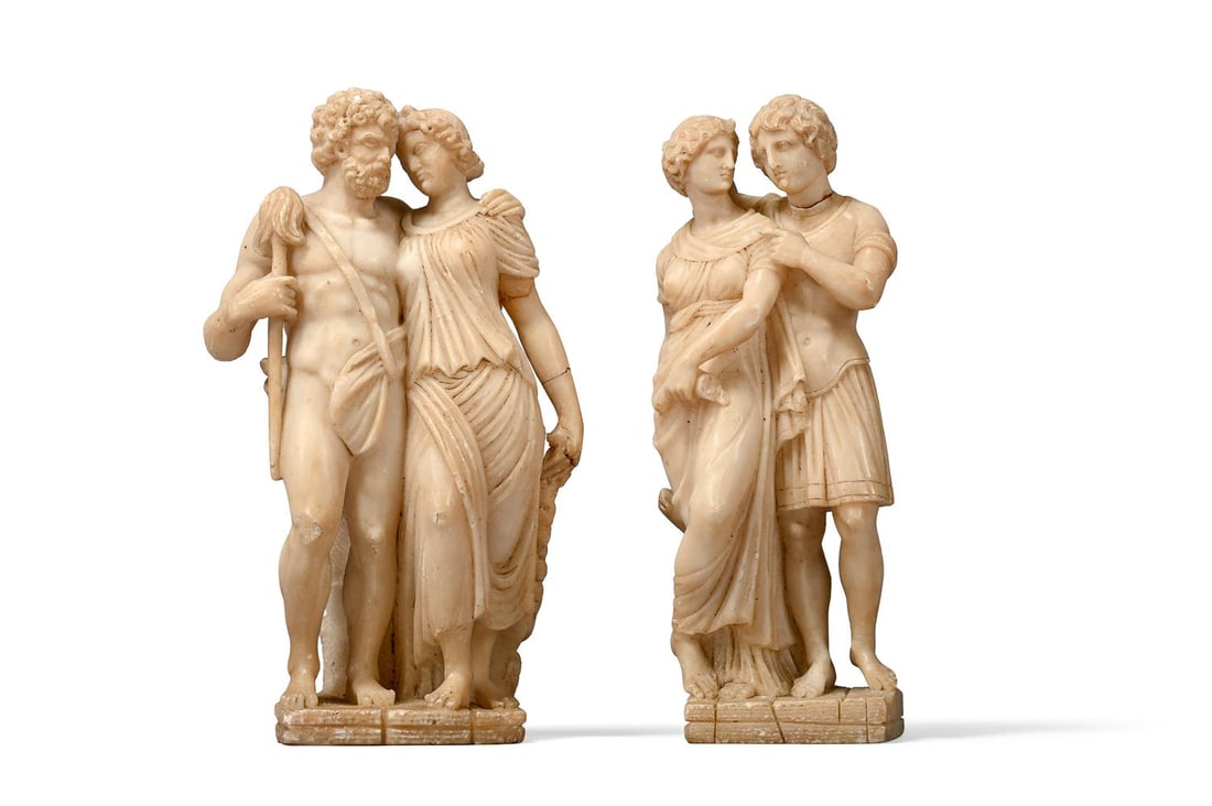 A PAIR OF CARVED ALABASTER GRAND TOUR FIGURE GROUPS, 19TH CENTURY - 2