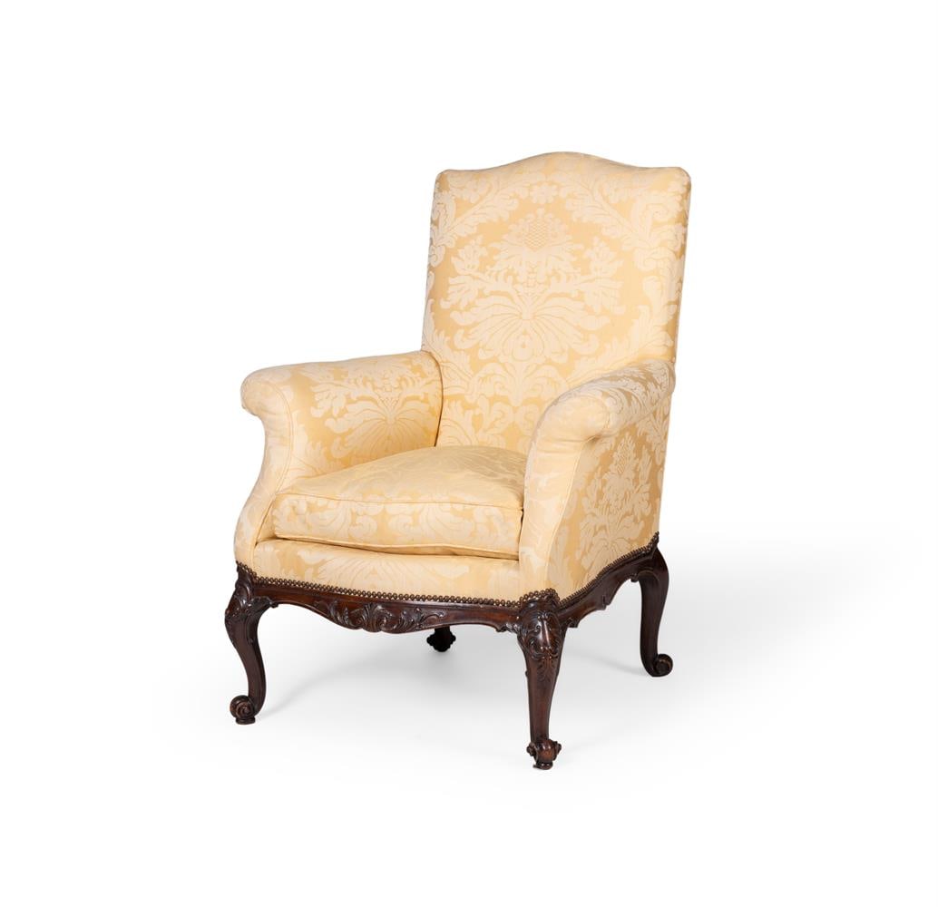 A MAHOGANY AND UPHOLSTERED ARMCHAIR, IN GEORGE III STYLE, SECOND HALF 19TH CENTURY: A MAHOGANY AND UPHOLSTERED ARMCHAIR IN GEORGE III STYLE, SECOND HALF 19TH CENTURY 106cm high, 80cm wide, 85cm deep Condition Report: PLEASE NOTE: ALL LOTS ARE LOCATED AT SACKVILLE WEST STORAGE IN