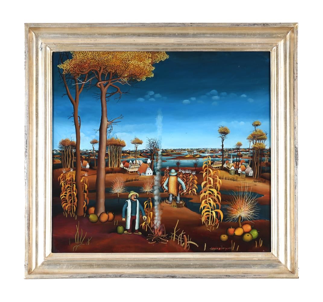 λ STJEPAN IVANEC (YUGOSLAVIAN B. 1953), THE HARVEST: λ STJEPAN IVANEC (YUGOSLAVIAN B. 1953) THE HARVEST Reverse glass painting Signed and dated 75 (lower right) 58 x 62cm (22¾ x 24¼in.) Condition Report: Condition Report Disclaimer