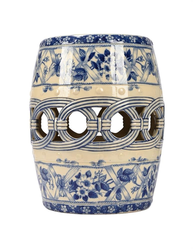 AN ENGLISH POTTERY BLUE AND WHITE TRANSFER PRINTED, AESTHETIC SEAT, LAST QUARTER 19TH CENTURY: AN ENGLISH POTTERY BLUE AND WHITE TRANSFER PRINTED, AESTHETIC GARDEN OR CONSERVATORY SEAT PROBABLY MINTON, LAST QUARTER 19TH CENTURY Bearing indistinct impressed letters to base 44cm high, 33cm