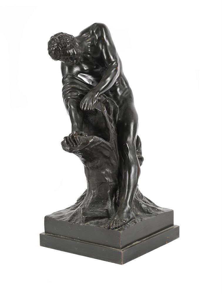 AFTER EDME DUMONT (FRENCH 1722-1775), A BRONZE FIGURE 'MILO OF CROTON', FRENCH, LATE 19TH CENTURY: AFTER EDME DUMONT (FRENCH 1722-1775), A BRONZE FIGURE 'MILO OF CROTON' FRENCH, LATE 19TH CENTURY 44cm high overall, base 20cm wide