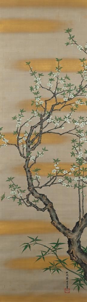 A JAPANESE FRAMED SCROLL, LATE 19TH TO EARLY 20TH CENTURY, ALONG WITH TWO OTHER SCROLLS: A JAPANESE FRAMED SCROLL LATE 19TH TO EARLY 20TH CENTURY Signed Iyesada Blossoming trees image size approximately 137cm x 39cm TOGETHER WITH a pair of landscape framed scrolls, signed Hiroshin, image