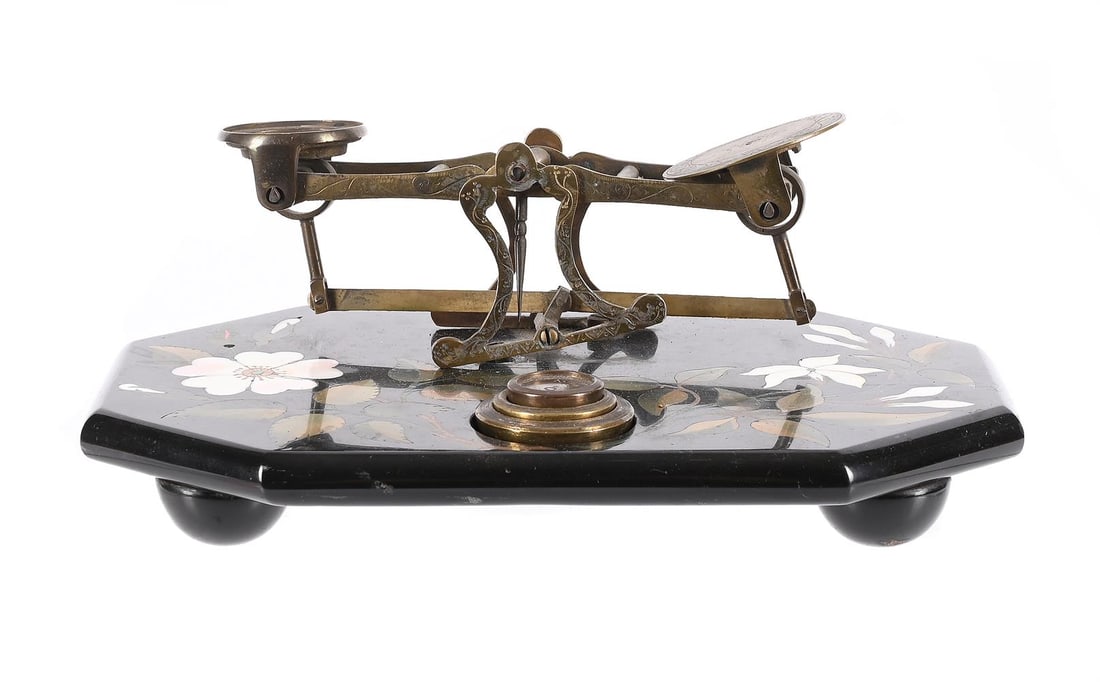 A VICTORIAN PIETRE DURA AND BRASS MOUNTED SET OF DESK POSTAL SCALES, AND A PAIR OF CANDLESTICKS - 2