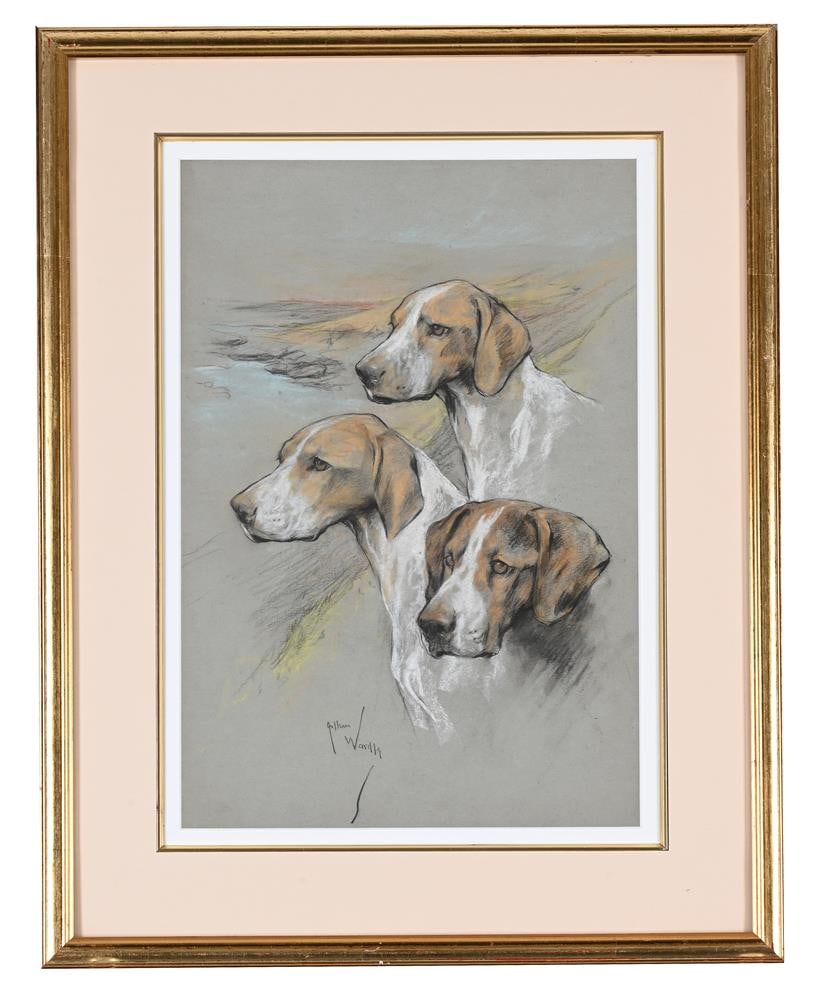 ARTHUR WARDLE (BRITISH 1864-1949), THREE HOUNDS: ARTHUR WARDLE (BRITISH 1864-1949) THREE HOUNDS Coloured chalks Signed (lower centre) 42.5 x 28cm (16½ x 11in.) Condition Report: PLEASE NOTE: ALL LOTS ARE LOCATED AT SACKVILLE WEST STORAGE IN