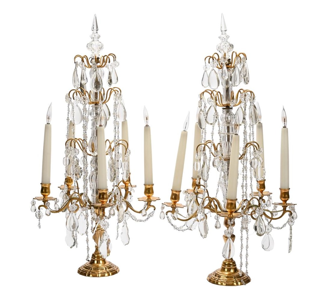 A PAIR OF GILT METAL MOUNTED GLASS TABLE LIGHTS, 20TH CENTURY, ALONG WITH TWO PAIRS OF LAMPS - 2