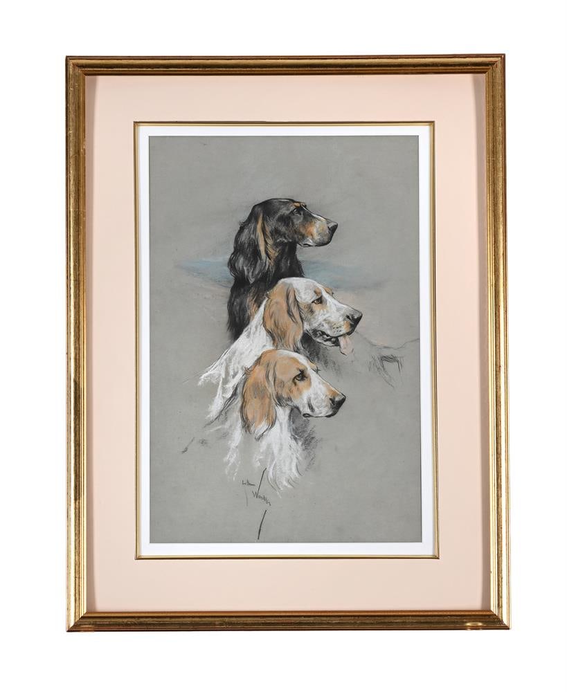 ARTHUR WARDLE (BRITISH 1864-1949), THREE GUN DOGS: ARTHUR WARDLE (BRITISH 1864-1949) THREE GUN DOGS Coloured chalks 42 x 28cm (16½ x 11in.) Condition Report: PLEASE NOTE: ALL LOTS ARE LOCATED AT SACKVILLE WEST STORAGE IN ANDOVER (SP10 3SA) AND