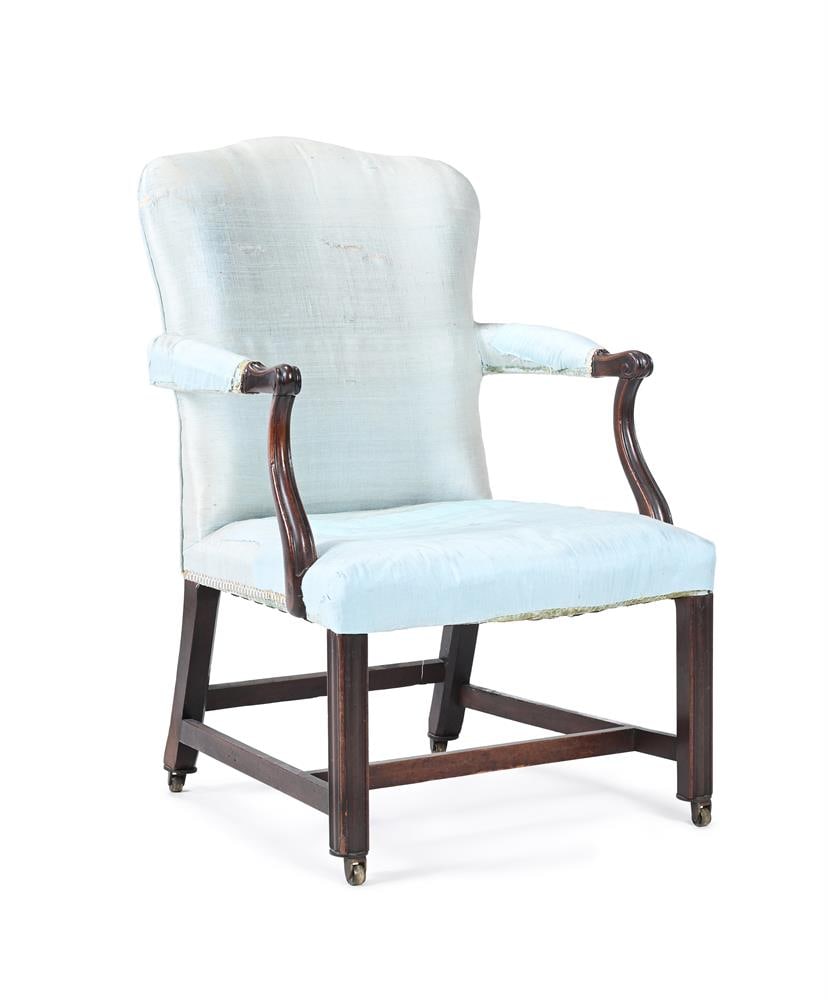 A GEORGE III MAHOGANY AND UPHOLSTERED LIBRARY ARMCHAIR, CIRCA 1765 (1 of 3)