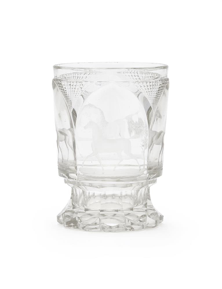 A BOHEMIAN CLEAR AND CUT-GLASS BEAKER OF EQUESTRIAN INTEREST, CIRCA 1860 - 2