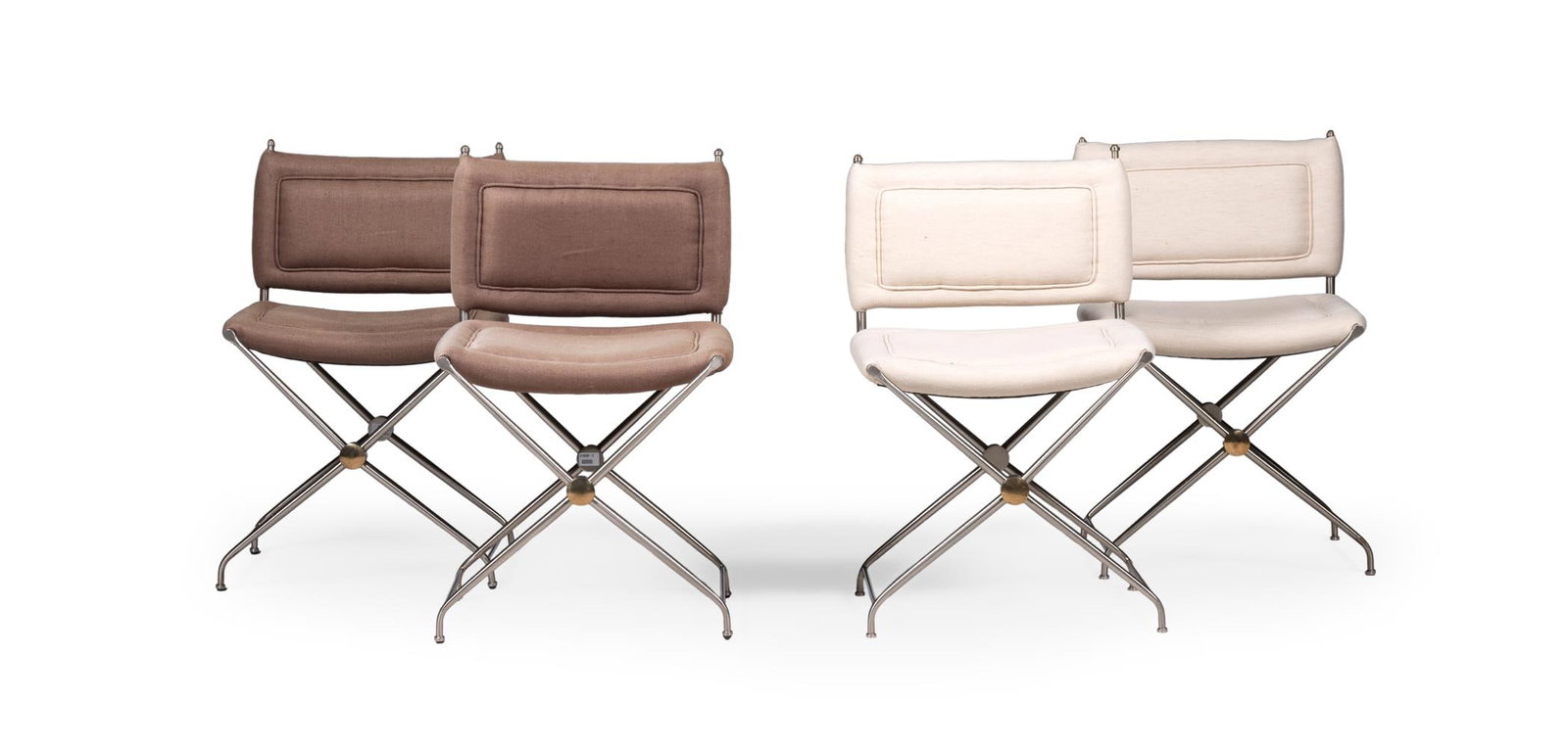 STYLE OF MAISON JANSEN, TWO PAIRS OF X-FRAME CHAIRS, CIRCA 1970s: STYLE OF MAISON JANSEN TWO PAIRS OF X-FRAME CHAIRS, CIRCA 1970s Brushed steel, one pair with brown fabric upholstery the other with cream 80cm high, 56cm wide, 43.5cm deep Provenance: Private