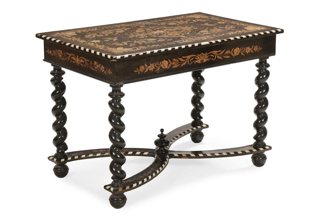 Y AN EBONY, SPECIMEN MARQUETRY AND IVORY INLAID CENTRE TABLE, LATE 19TH OR EARLY 20TH CENTURY: Y AN EBONY, SPECIMEN MARQUETRY AND IVORY INLAID CENTRE T