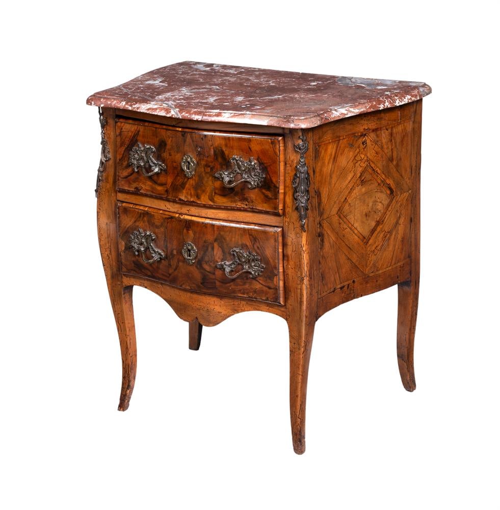 Y A TULIPWOOD, WALNUT, ORMOLU MOUNTED AND MARBLE-TOPPED PETIT COMMODE, FIRST QUARTER 18TH CENTURY: Y A TULIPWOOD, WALNUT, ORMOLU MOUNTED AND MARBLE-TOPPED PETIT COMMODE FIRST QUARTER 18TH CENTURY 83cm high, 99cm wide, 57cm deep Condition Report: PLEASE NOTE: ALL LOTS ARE LOCATED AT SACKVILLE